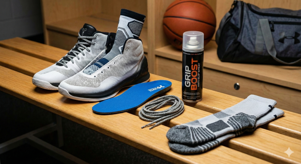 Detalle de accesorios de baloncesto: calcetines técnicos con refuerzo, plantillas deportivas de alto impacto y spray antideslizante para suelas de zapatillas.