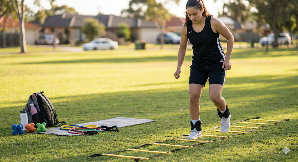 Jugadora de basket femenino realizando ejercicios de agilidad con una escalera de coordinación, gomas de fuerza progresiva y balones de reacción en un espacio de entrenamiento individual