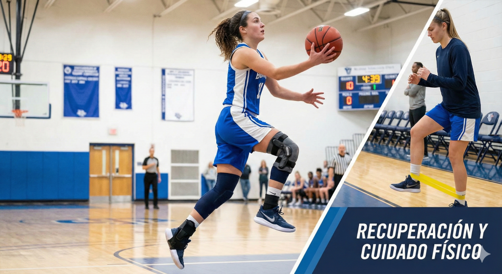 Jugadora de baloncesto utilizando rodilleras con soporte lateral, tobilleras estabilizadoras y mangas de compresión en gemelos durante un entrenamiento intenso