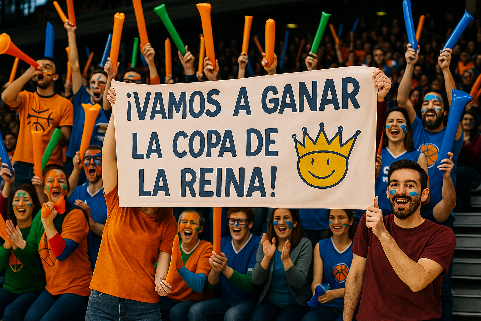 Afición animando en la grada durante la final de la Copa de la Reina de baloncesto con pancartas y accesorios de apoyo