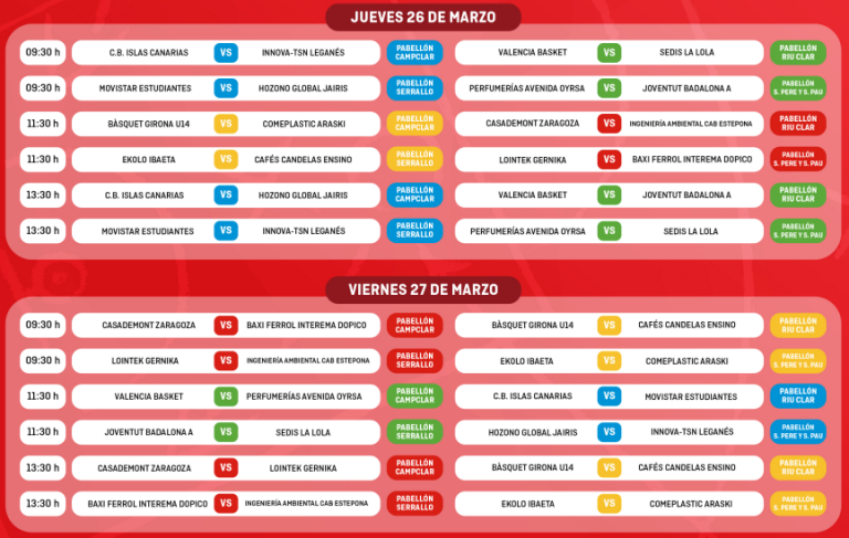 Calendario de partidos de la Mini Copa de la Reina 2026 con horarios, enfrentamientos y pabellones de juego