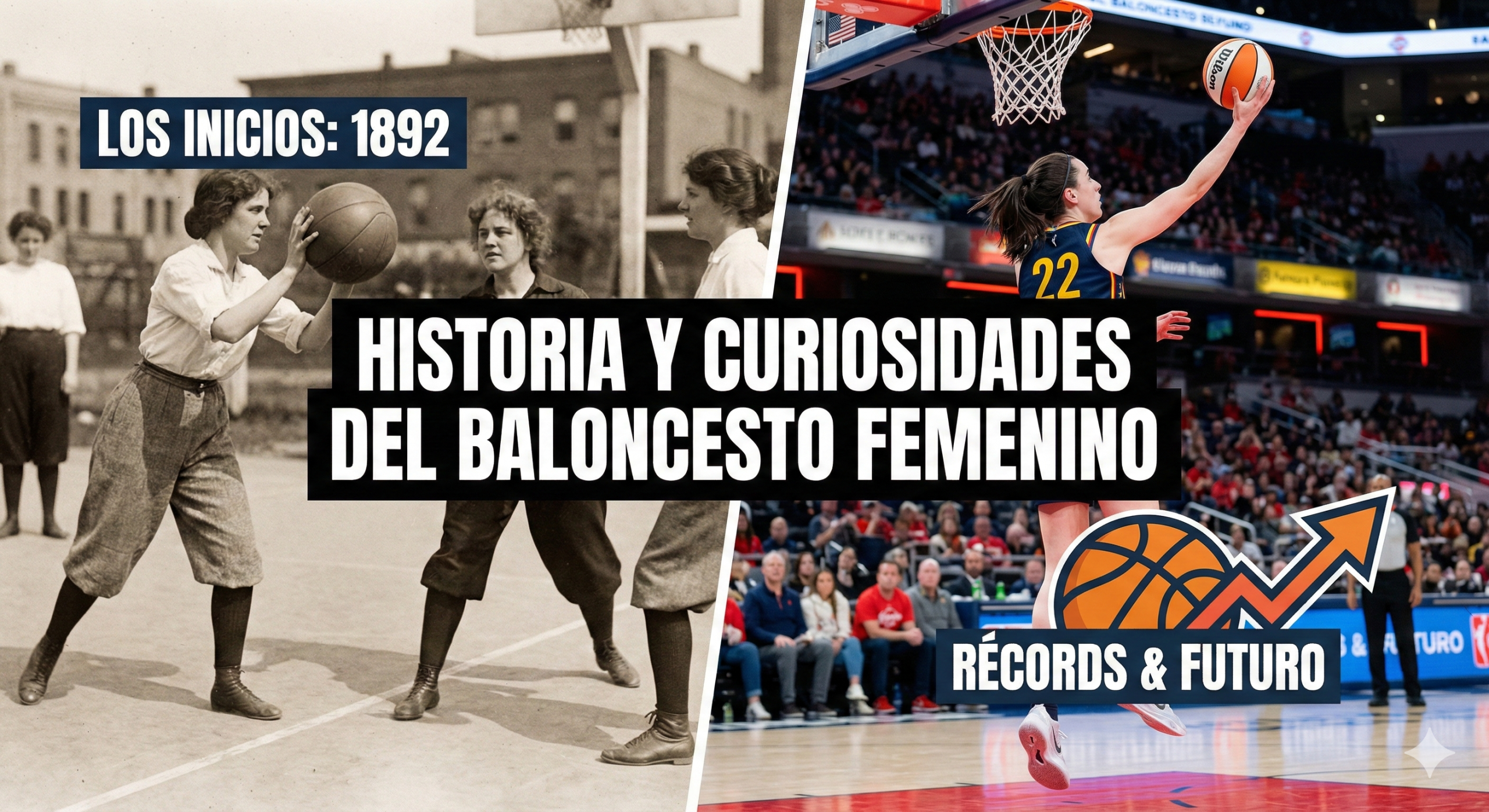 Infografía comparativa de la historia del baloncesto femenino, desde sus inicios en 1892 hasta los récords modernos de la WNBA.