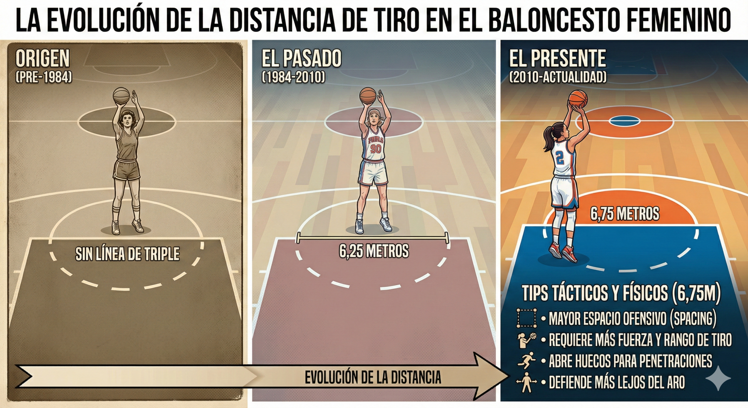 Infografía de la evolución del triple en baloncesto femenino: Origen (sin línea), Pasado (6,25m) y Presente (6,75m) con tips tácticos sobre spacing y rango de tiro.