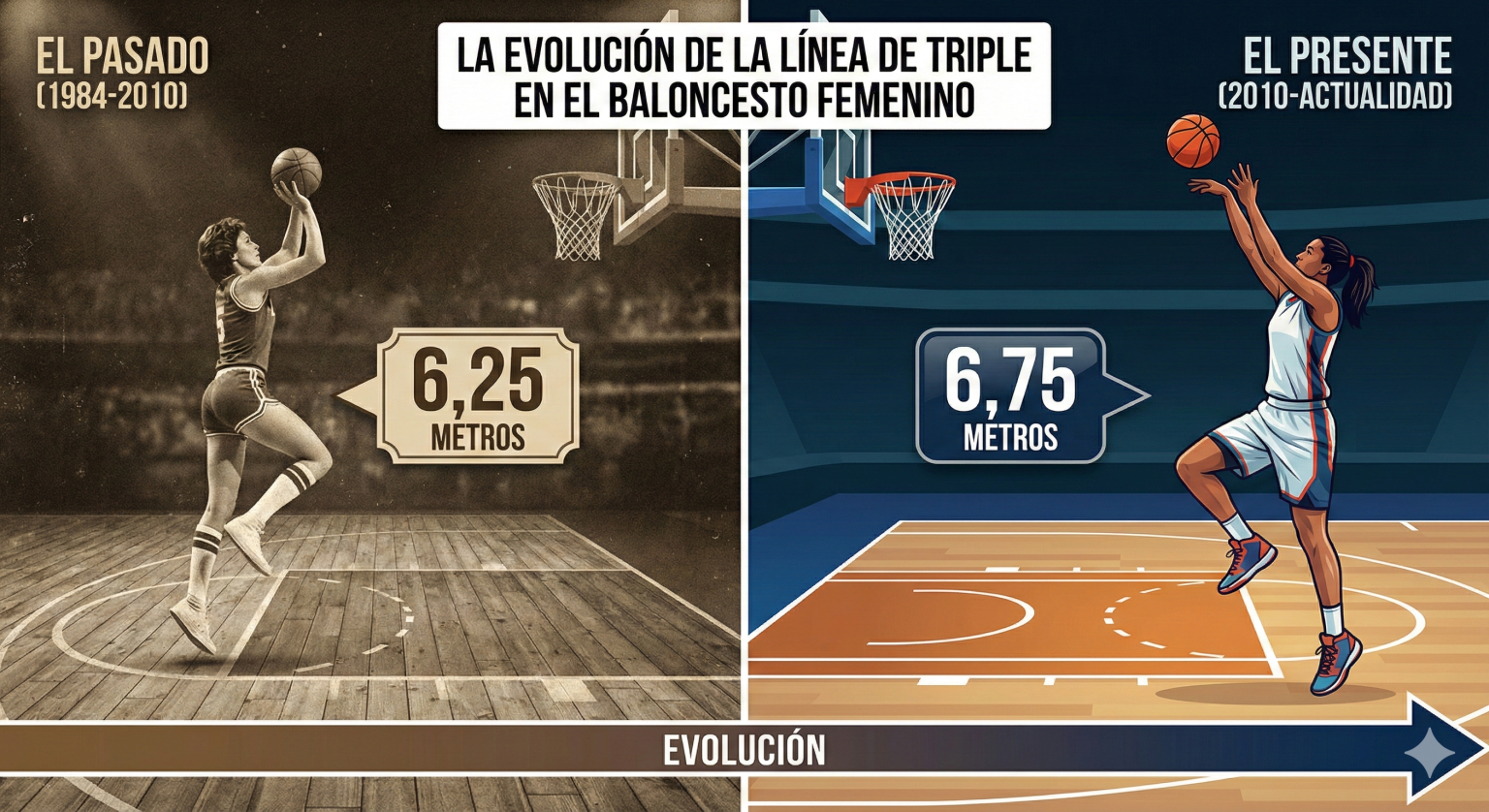 Evolución de la línea de triple en baloncesto femenino Evolución de la distancia de la línea de triple en baloncesto femenino