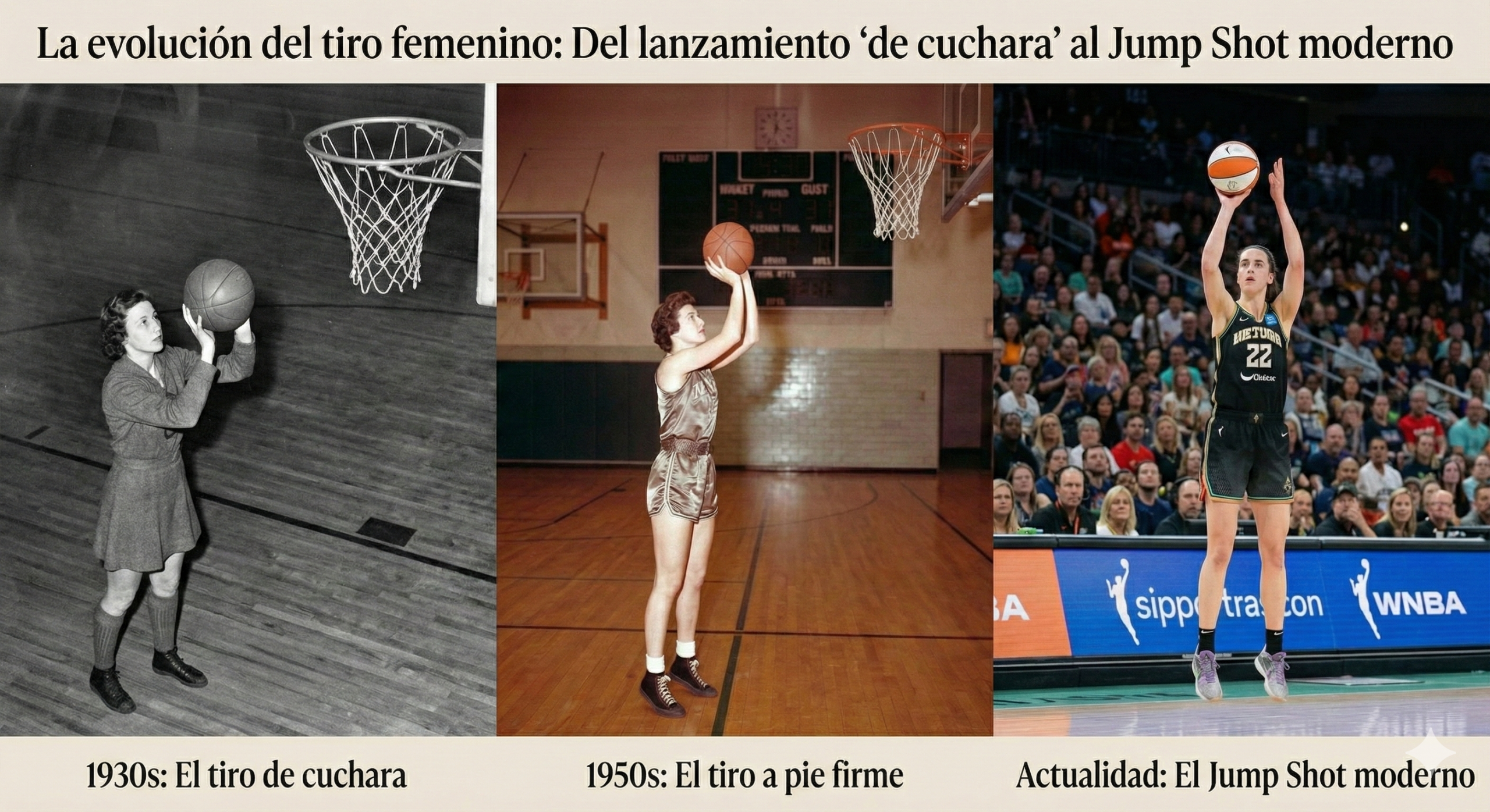 Evolución del tiro en el baloncesto femenino desde el lanzamiento de cuchara en los años 30 hasta el jump shot moderno