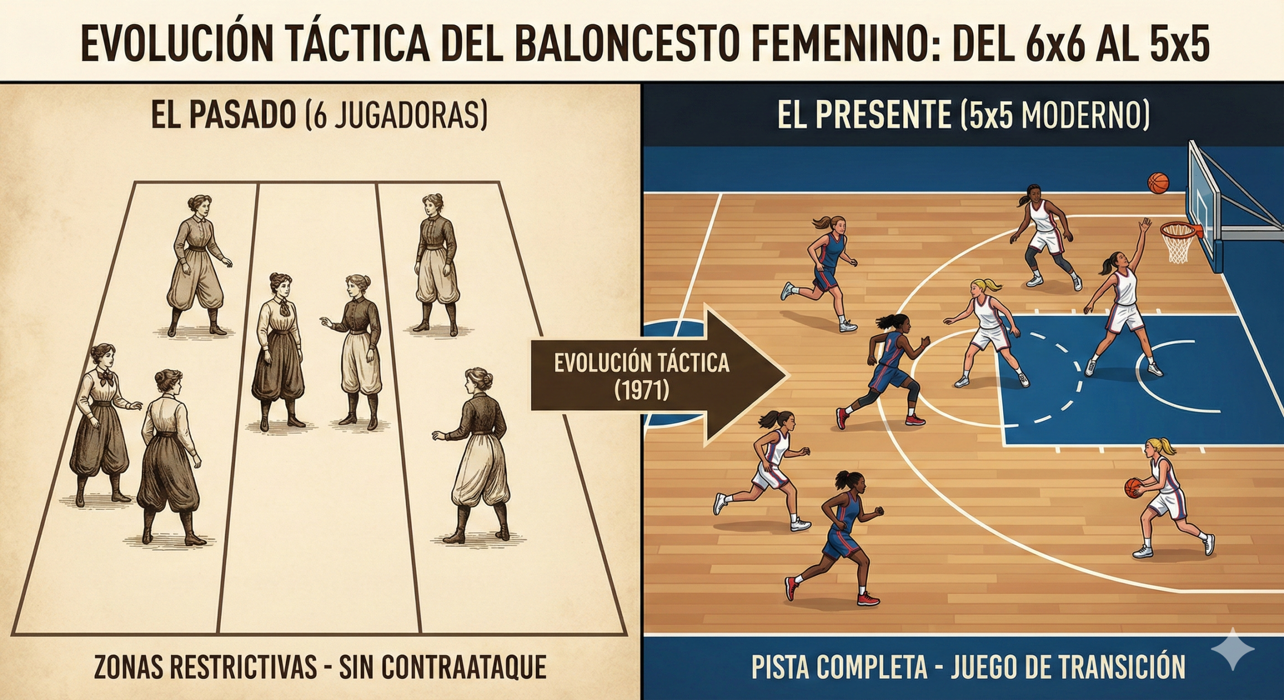 Infografía comparativa de la evolución táctica del baloncesto femenino: El Pasado (6 jugadoras en zonas restrictivas) vs El Presente (5x5 moderno a pista completa y juego de transición).