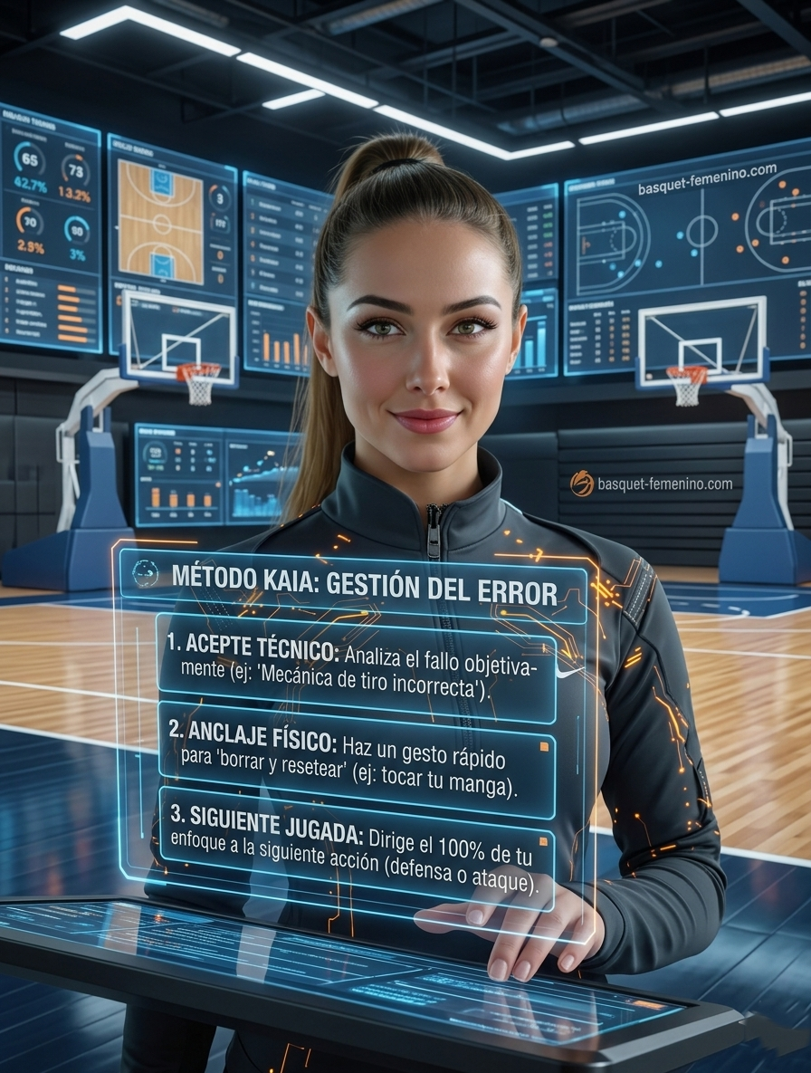 KAIA AI, entrenadora virtual de baloncesto, presenta el Método KAIA para la gestión de errores con un holograma interactivo en español. El holograma detalla tres pasos: Aceptación técnica, Anclaje físico y Siguiente jugada.