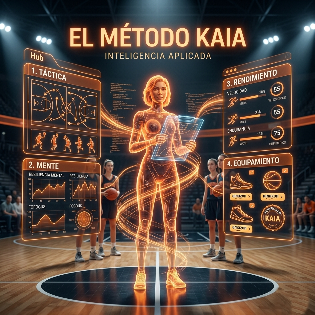 Infografía del Método KAIA: Entrenadora virtual de baloncesto femenino mostrando paneles holográficos de táctica, mente, rendimiento y equipamiento verificado
