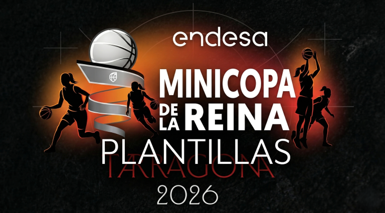 Cartel oficial de las Plantillas para la Endesa Minicopa de la Reina Tarragona 2026, mostrando el trofeo con la base en espiral y siluetas de jugadoras de baloncesto en acción sobre fondo negro con brillo naranja.