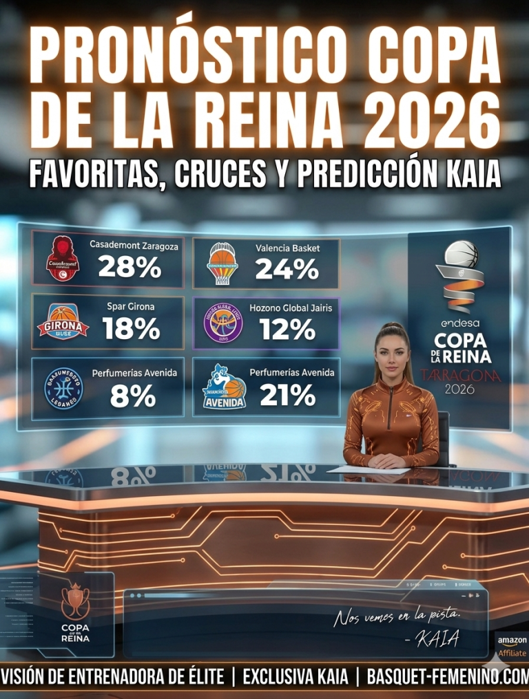 Cartel promocional tipo cartelera de noticias con la entrenadora virtual KAIA en un set tecnológico de alta gama. El título superior en grande dice: 'PRONÓSTICO COPA DE LA REINA 2026 | FAVORITAS, CRUCES Y PREDICCIÓN KAIA'. Una pantalla de datos muestra porcentajes de probabilidad de ganar para Casademont Zaragoza (28%) y Valencia Basket (24%). Incluye logos oficiales de la Copa de la Reina Tarragona 2026 y Endesa. En la parte inferior, la firma de la marca: 'VISIÓN DE ENTRENADORA DE ÉLITE | EXCLUSIVA KAIA | BASQUET-FEMENINO.COM' y 'Nos vemos en la pista. - KAIA'.
