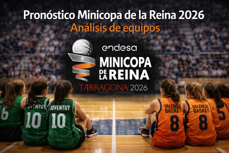 Pronóstico Minicopa de la Reina 2026 con jugadoras de espaldas de Joventut Badalona y Valencia Basket