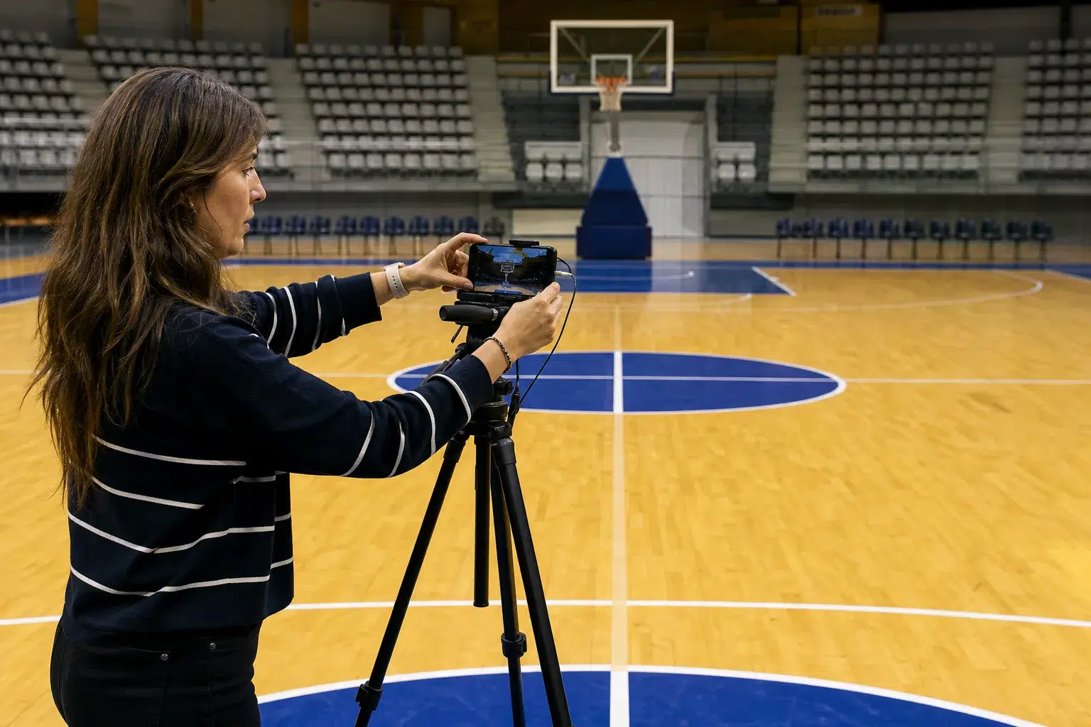 Colocación de un móvil y un trípode para grabar un partido de baloncesto