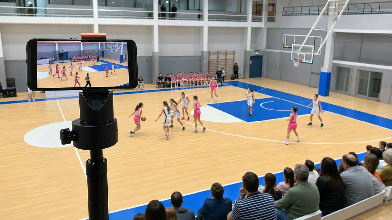 Cámara con seguimiento automático retransmitiendo un partido de baloncesto en directo